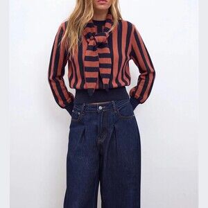Rust Orange / Navy Striped Ribbed Knit Crew Neck Sweater with Tie-Neck Scarf
